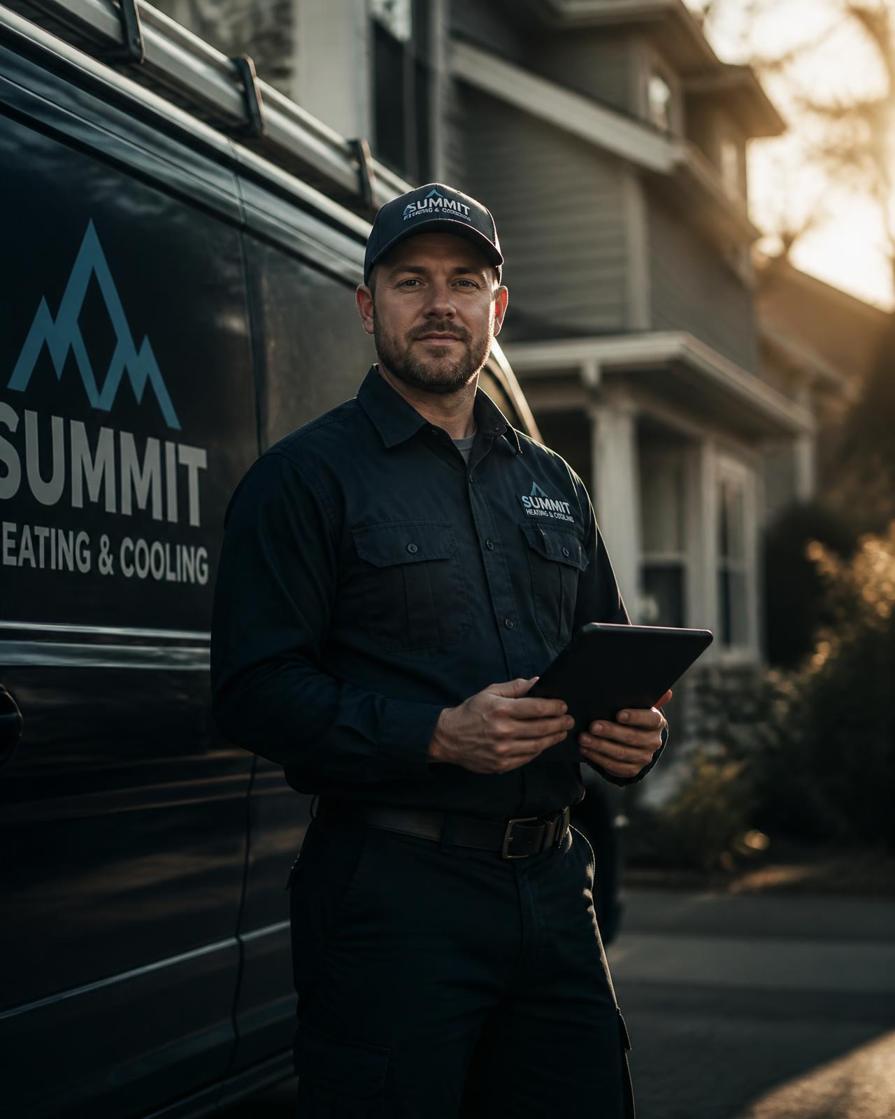 Home service technician standing beside a service van
